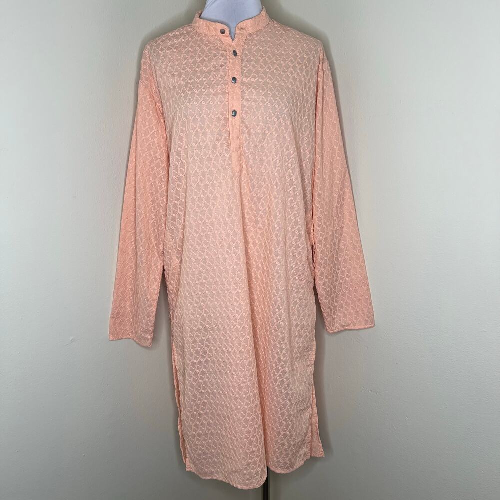 Jompers Kurta w Pockets XL Peach Embroidered Floral Shirt Dress Long Sleeve Slit